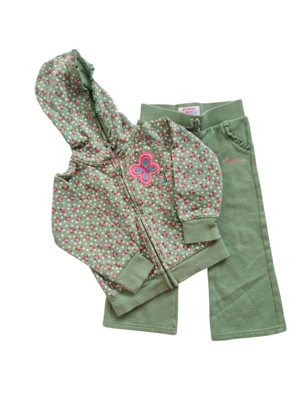 OshKosh Girls Sweatsuit Set 3T Green Floral Cute Cotton Tracksuit Hoodie